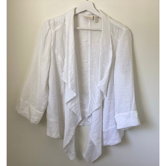 Chicos Jacket Sz 2 laminated White 3/4 Sleeve Open Front Frayed Edges - Picture 6 of 7